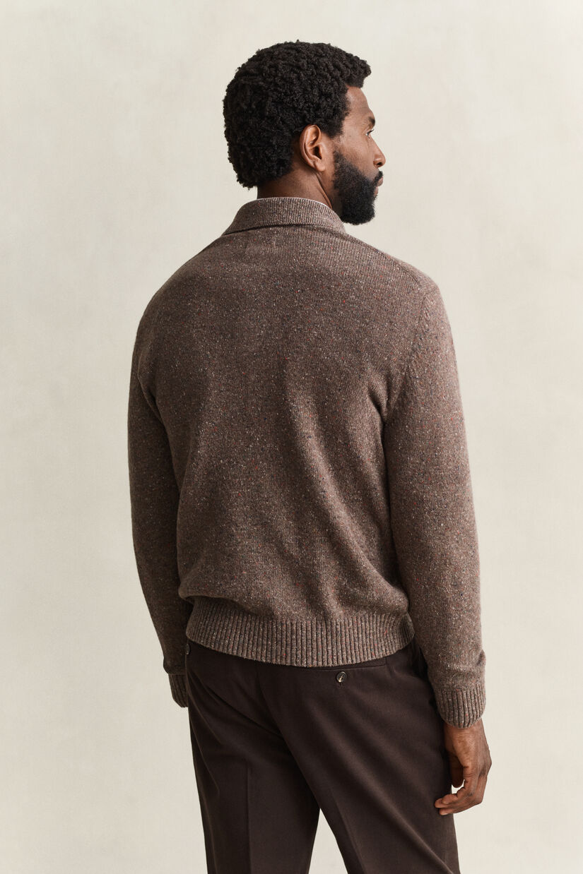 Pull fa&ccedil;on polo en laine mouchet&eacute;e m&eacute;lang&eacute;e