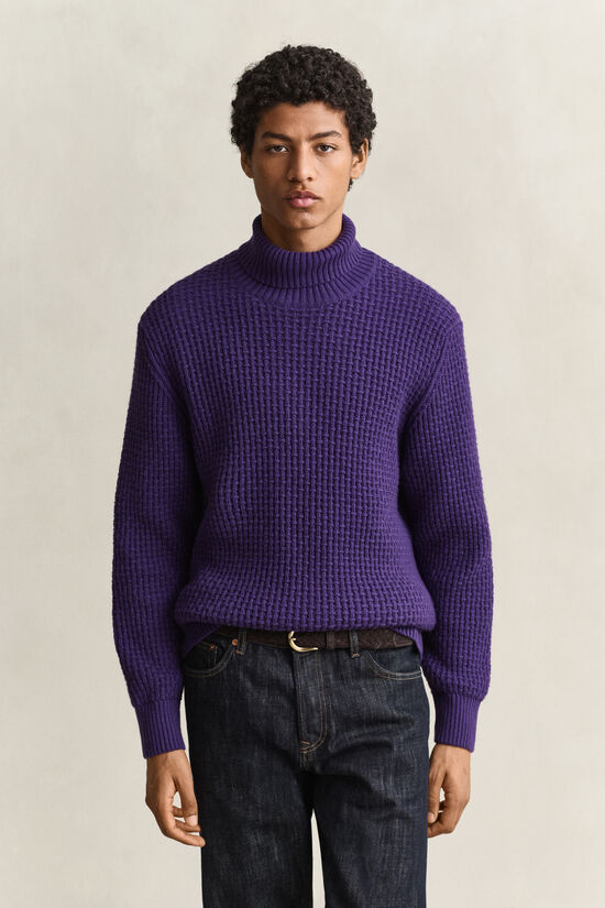 Pull textur&eacute; &agrave; col roul&eacute; en coton et laine