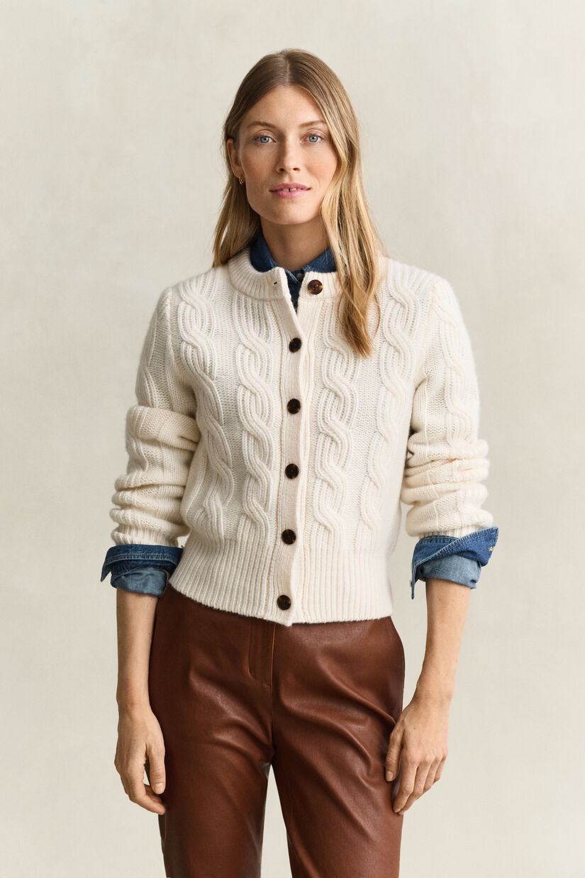 Cardigan en maille torsad&eacute;e de laine m&eacute;lang&eacute;e
