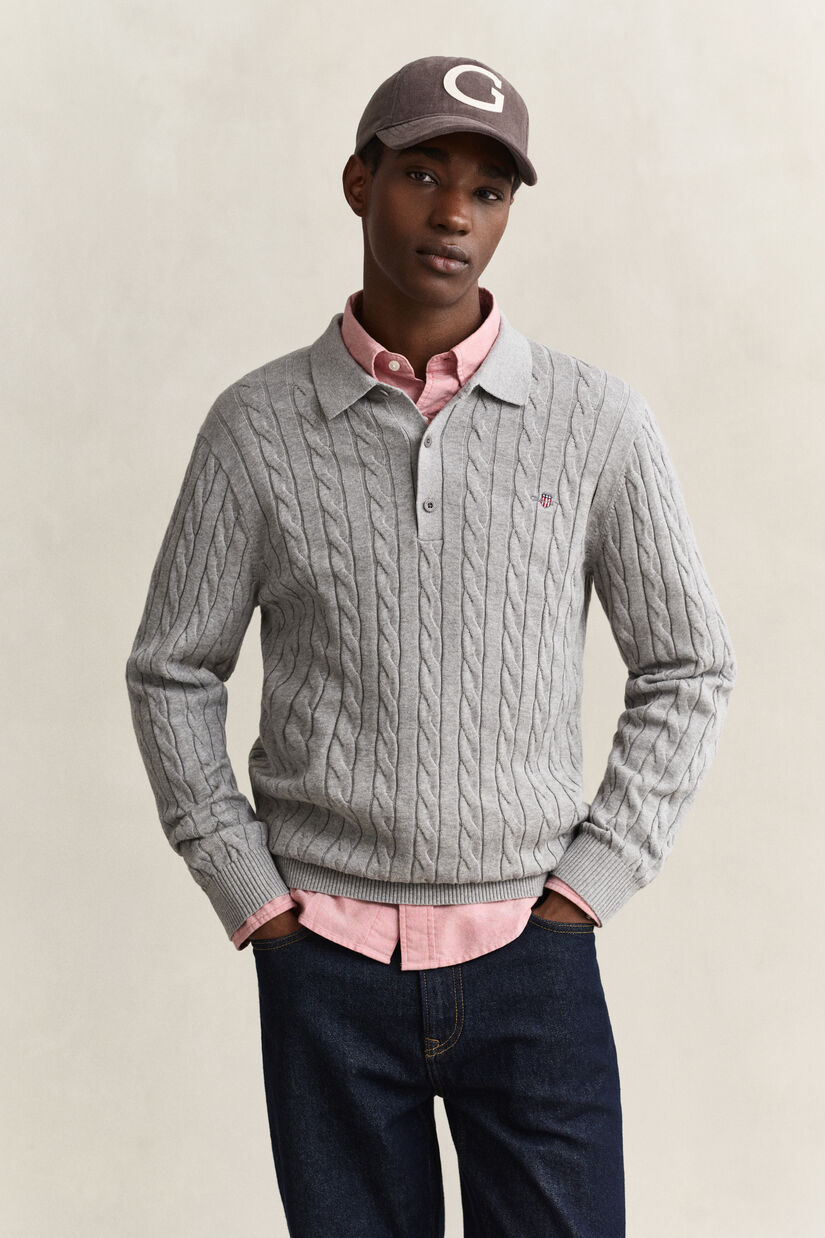 Pull fa&ccedil;on polo en maille de coton &agrave; torsades