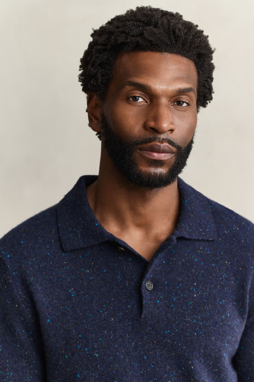 Pull fa&ccedil;on polo en laine mouchet&eacute;e m&eacute;lang&eacute;e