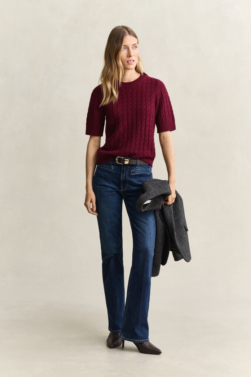 Pull &agrave; manches courtes en laine et cachemire &agrave; maille torsad&eacute;e