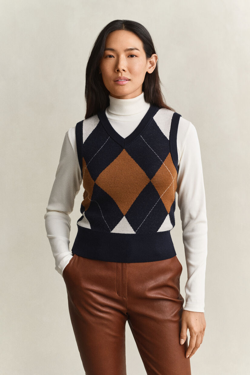 Pull sans manches en laine tricot&eacute;e avec motif argyle