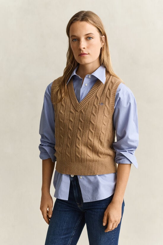 Pull sans manches en maille de laine d'agneau &agrave; torsades