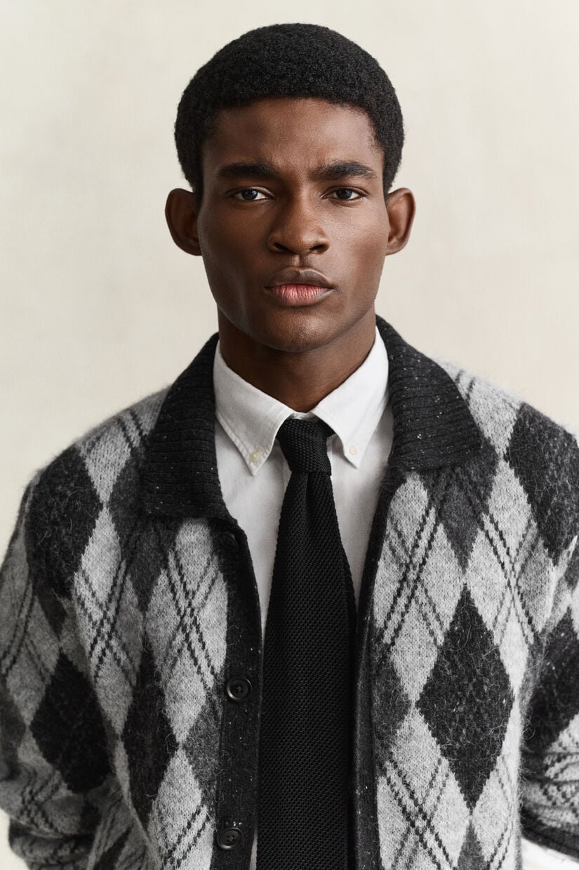 Cardigan fa&ccedil;on polo en laine d&rsquo;alpaga m&eacute;lang&eacute;e &agrave; motif argyle