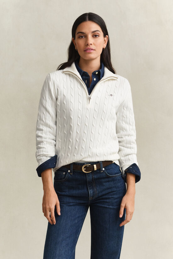 Pull &agrave; demi-zip en maille torsad&eacute;e extensible