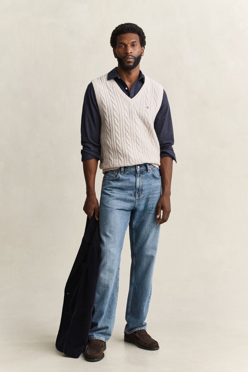 Pull sans manches en maille de laine d'agneau &agrave; torsades