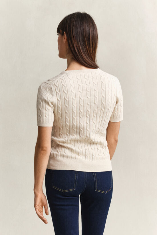 Pull &agrave; manches courtes en maille de coton stretch &agrave; torsades