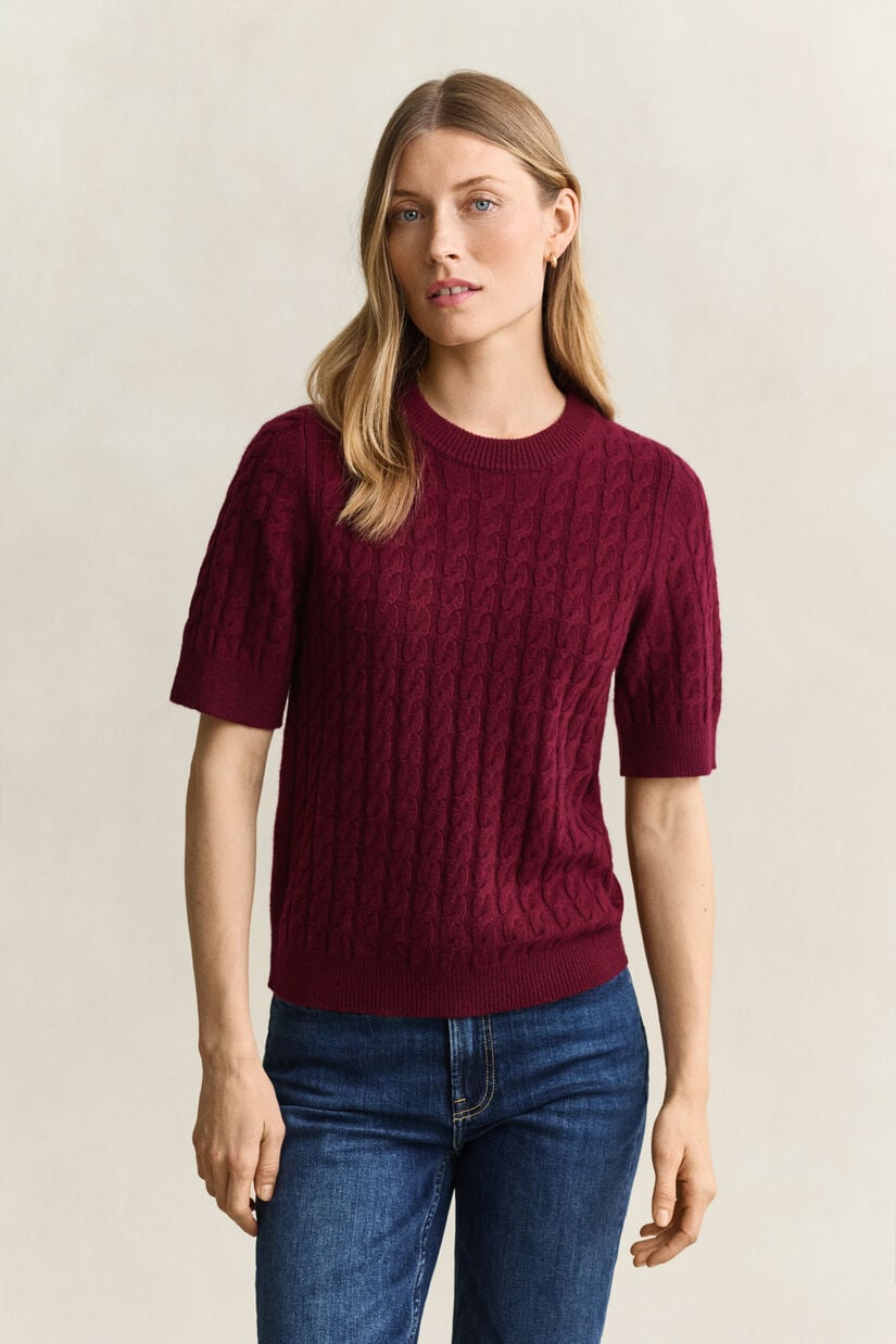 Pull &agrave; manches courtes en laine et cachemire &agrave; maille torsad&eacute;e