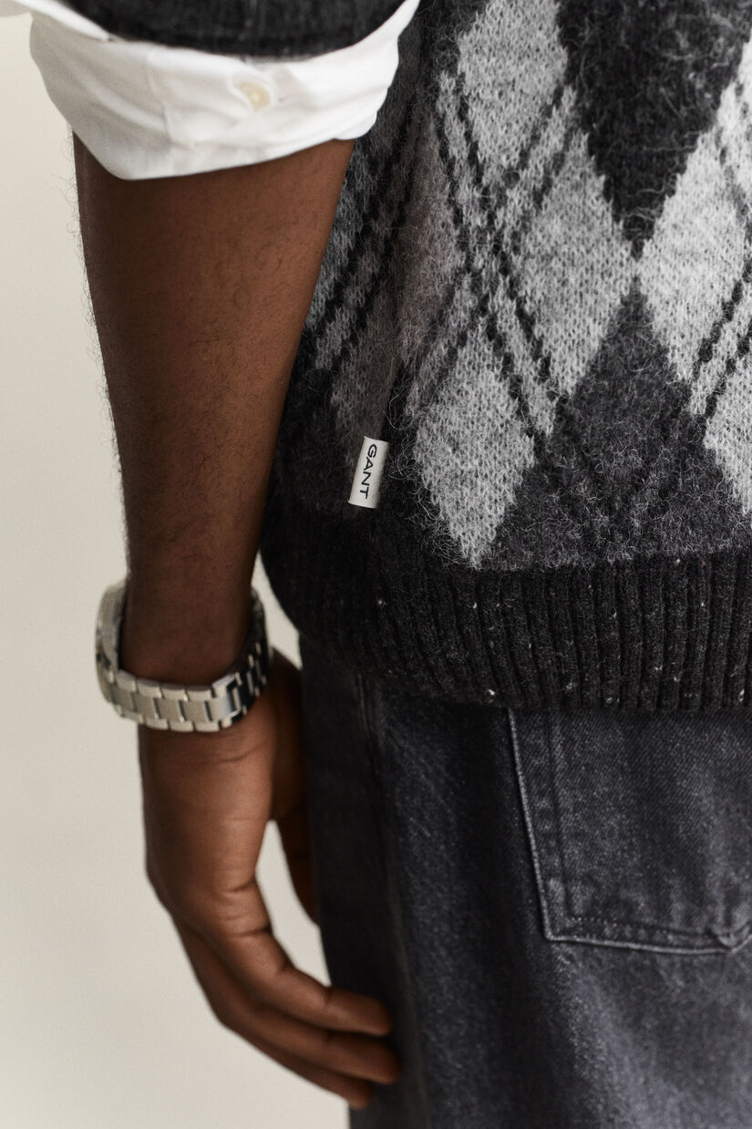 Cardigan fa&ccedil;on polo en laine d&rsquo;alpaga m&eacute;lang&eacute;e &agrave; motif argyle