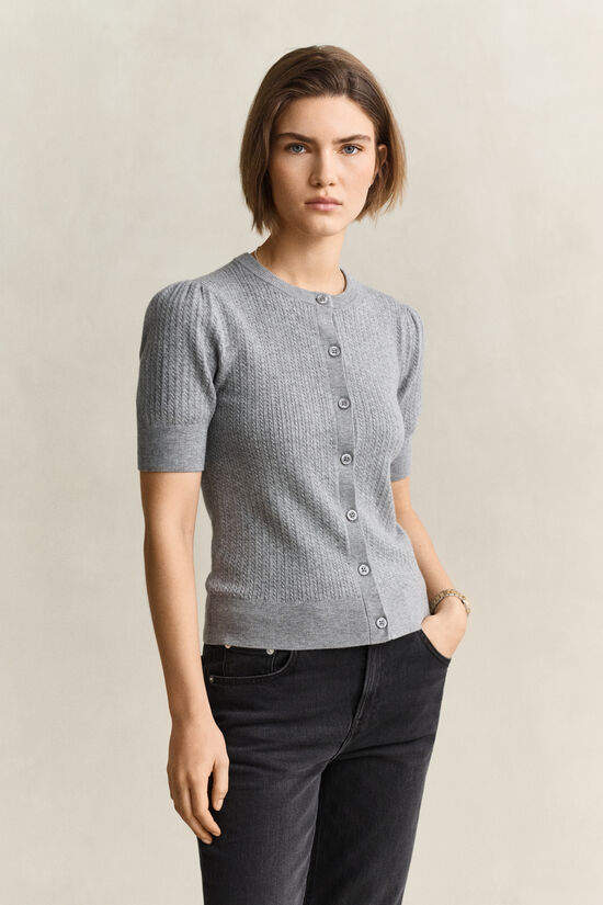 Cardigan &agrave; manches courtes en maille torsad&eacute;e