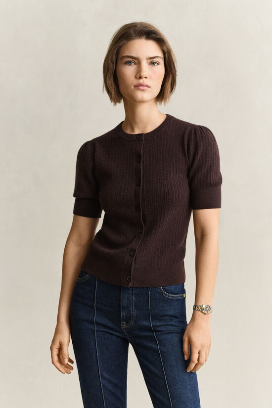 Cardigan &agrave; manches courtes en maille torsad&eacute;e