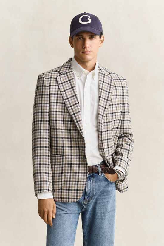 Veste blazer en lin et laine &agrave; carreaux