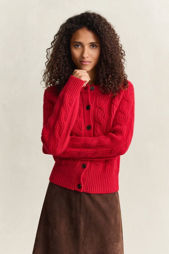 Cardigan en maille torsad&eacute;e de laine m&eacute;lang&eacute;e