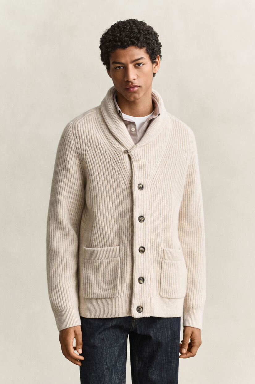 Cardigan en laine m&eacute;lang&eacute;e &agrave; rayures
