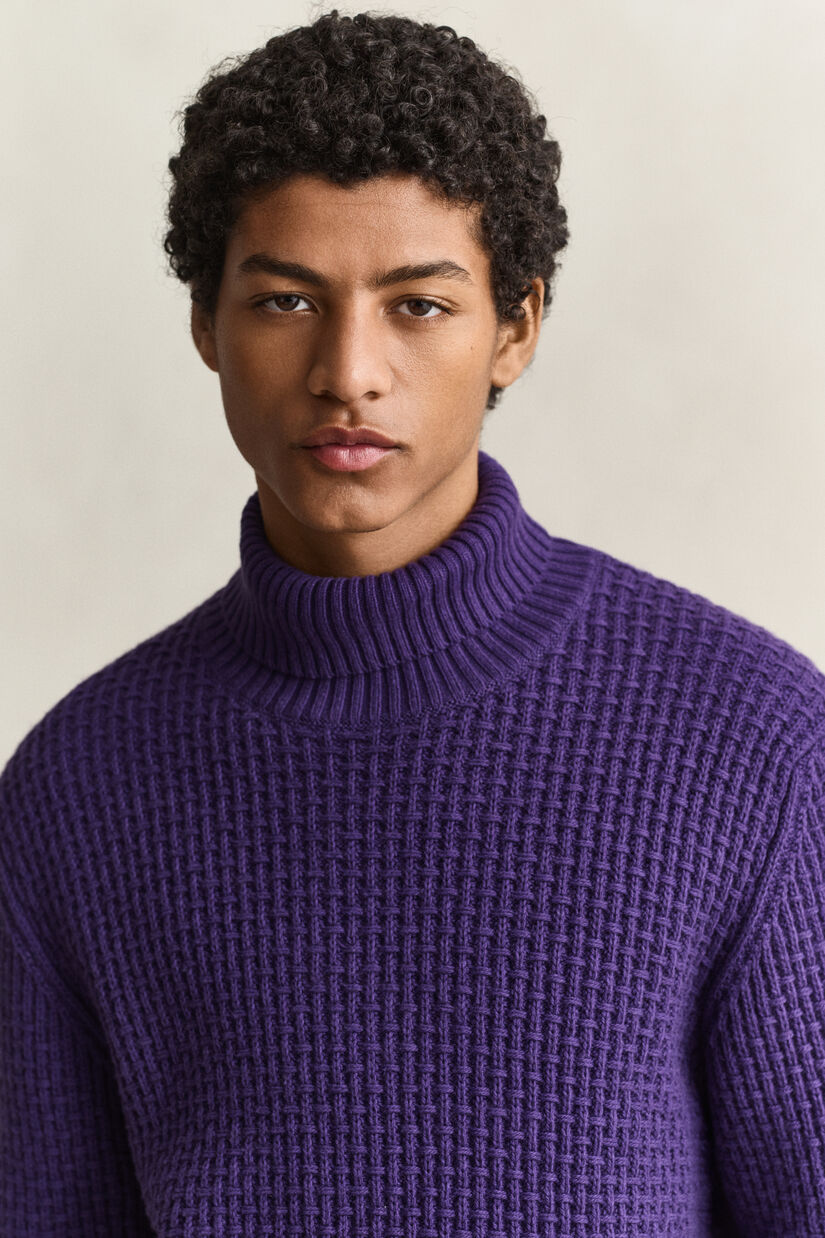 Pull textur&eacute; &agrave; col roul&eacute; en coton et laine