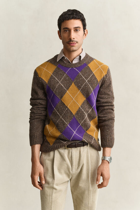 Pull col rond &agrave; motif argyle mouchet&eacute;