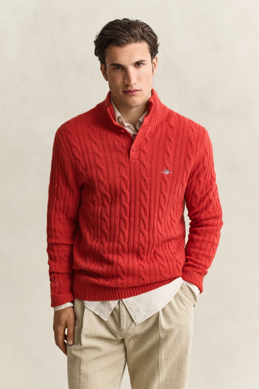 Pull semi-boutonn&eacute; en laine d&rsquo;agneau &agrave; maille torsad&eacute;e