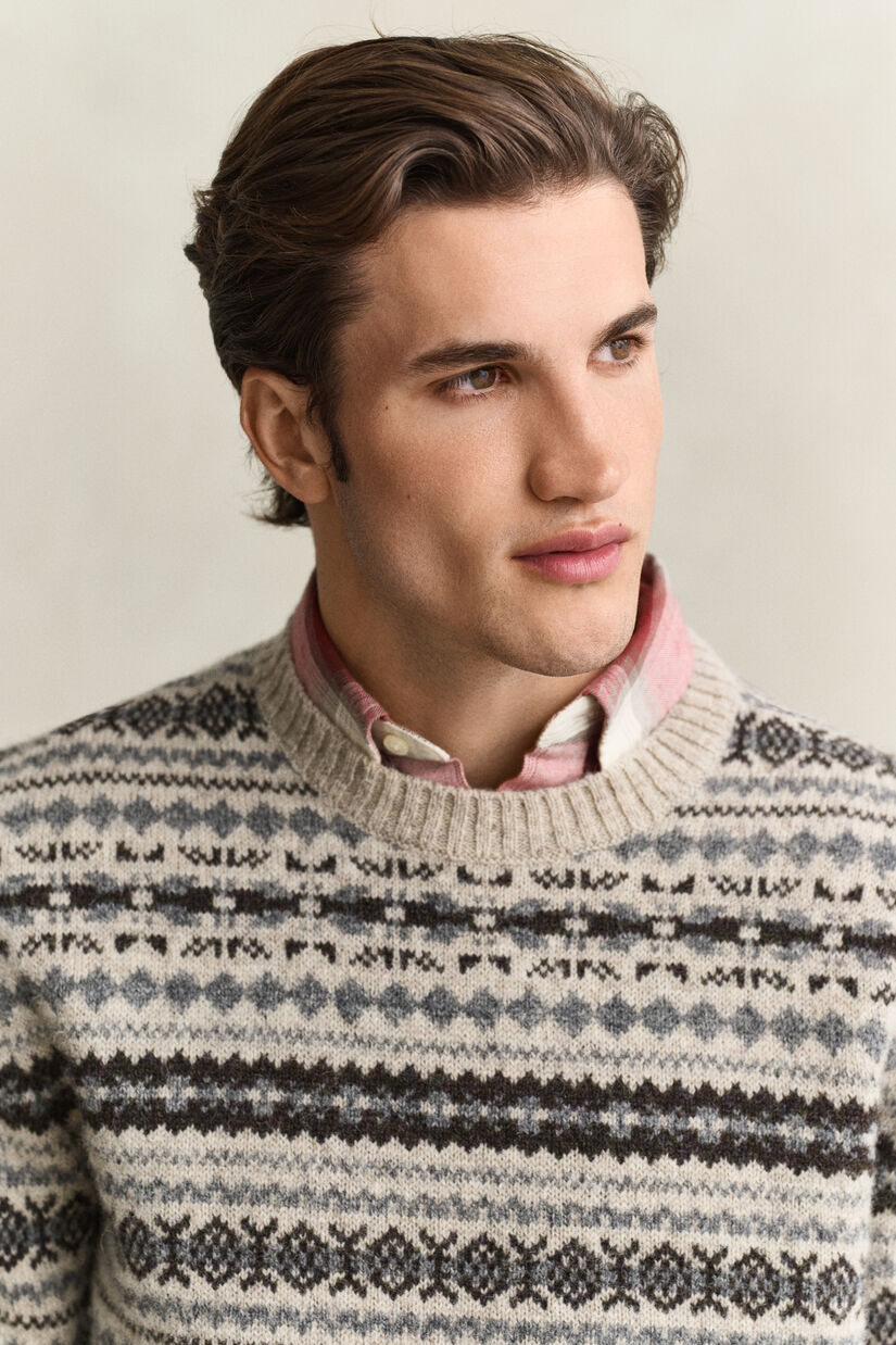 Pull jacquard en laine bross&eacute;e