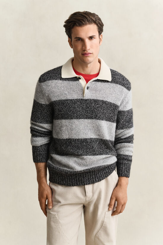 Pull fa&ccedil;on polo en laine d&rsquo;alpaga m&eacute;lang&eacute;e &agrave; rayures