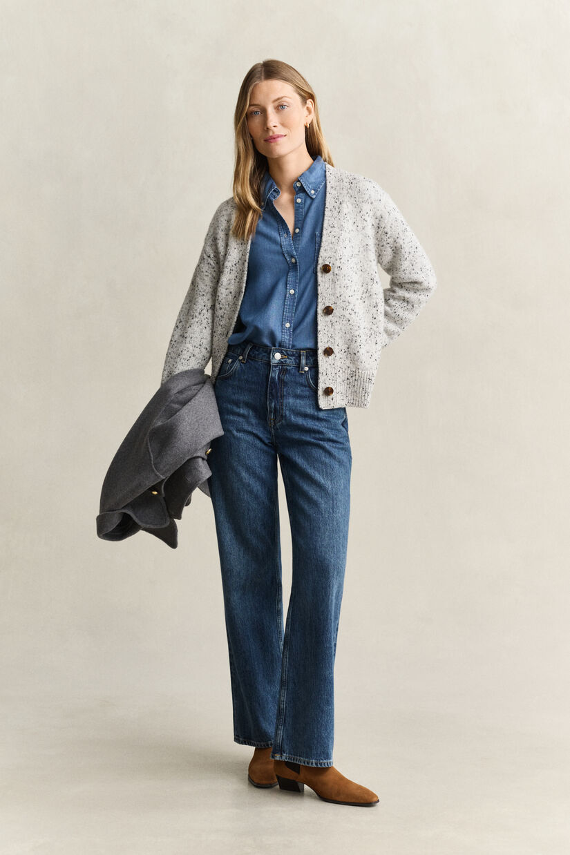 Cardigan en laine mouchet&eacute;e m&eacute;lang&eacute;e