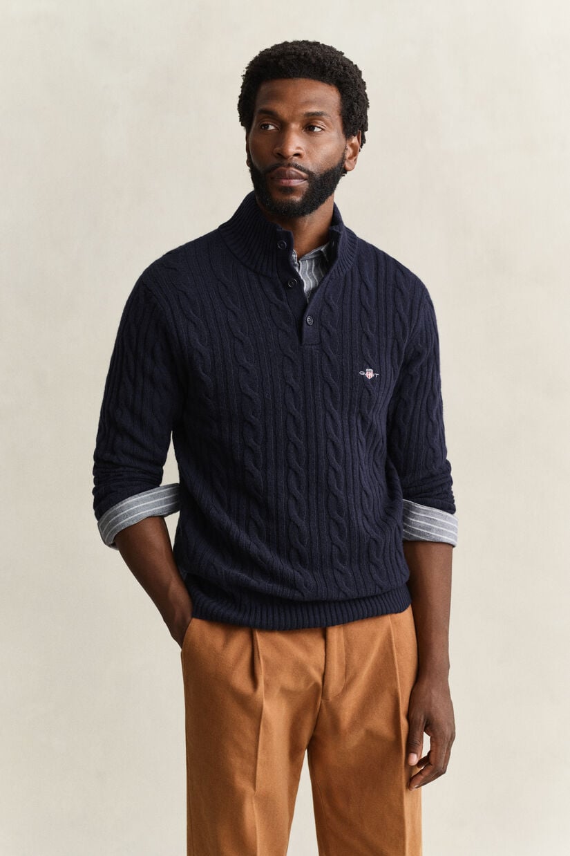 Pull semi-boutonn&eacute; en laine d&rsquo;agneau &agrave; maille torsad&eacute;e