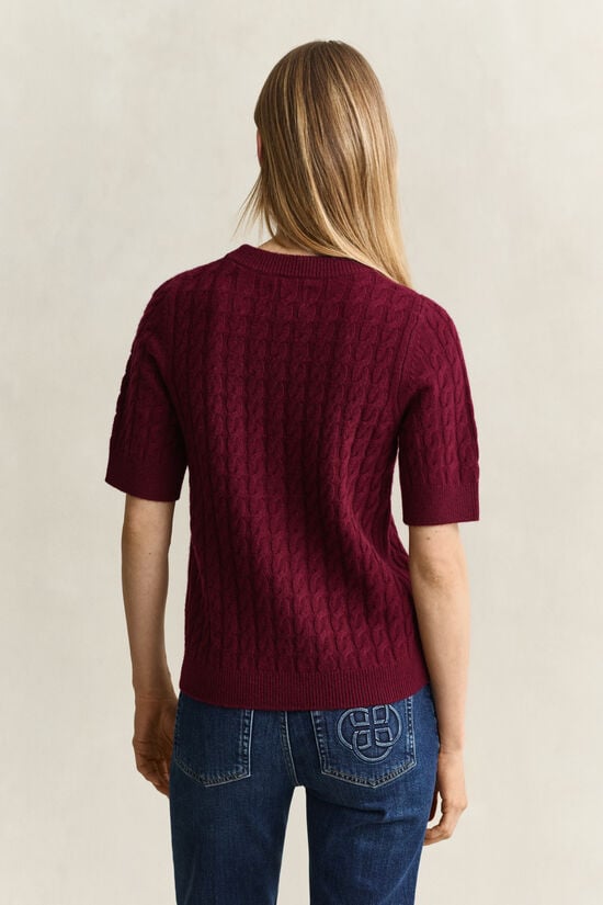 Pull &agrave; manches courtes en laine et cachemire &agrave; maille torsad&eacute;e