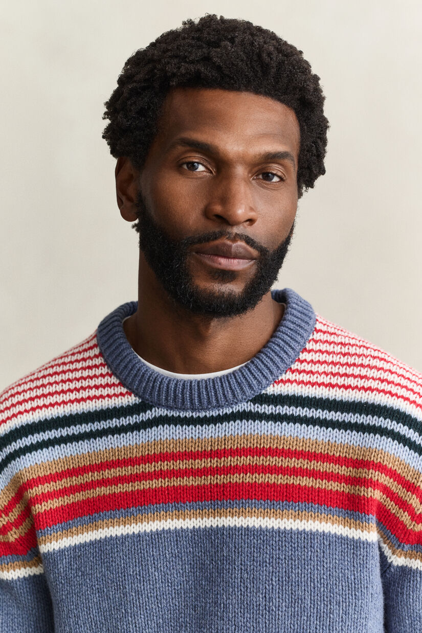 Pull col rond &agrave; rayures multicolores