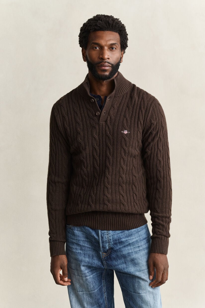 Pull semi-boutonn&eacute; en laine d&rsquo;agneau &agrave; maille torsad&eacute;e