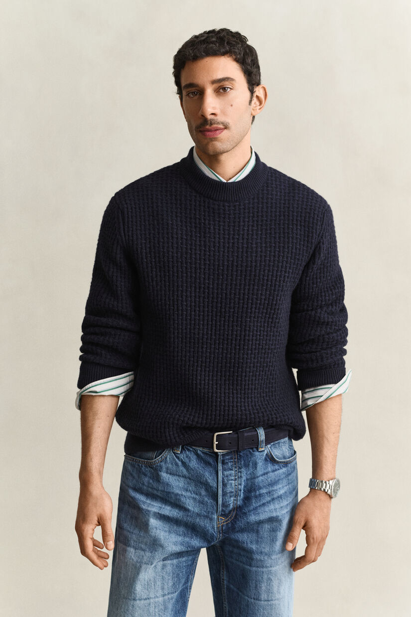 Pull textur&eacute; &agrave; col chemin&eacute;e en laine et coton