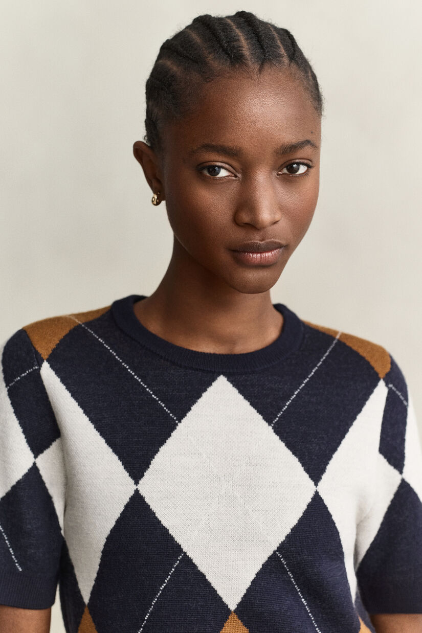 Pull &agrave; manches courtes en laine avec motif argyle