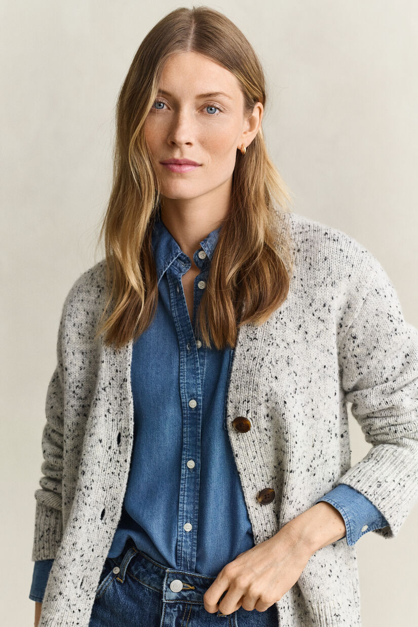 Cardigan en laine mouchet&eacute;e m&eacute;lang&eacute;e