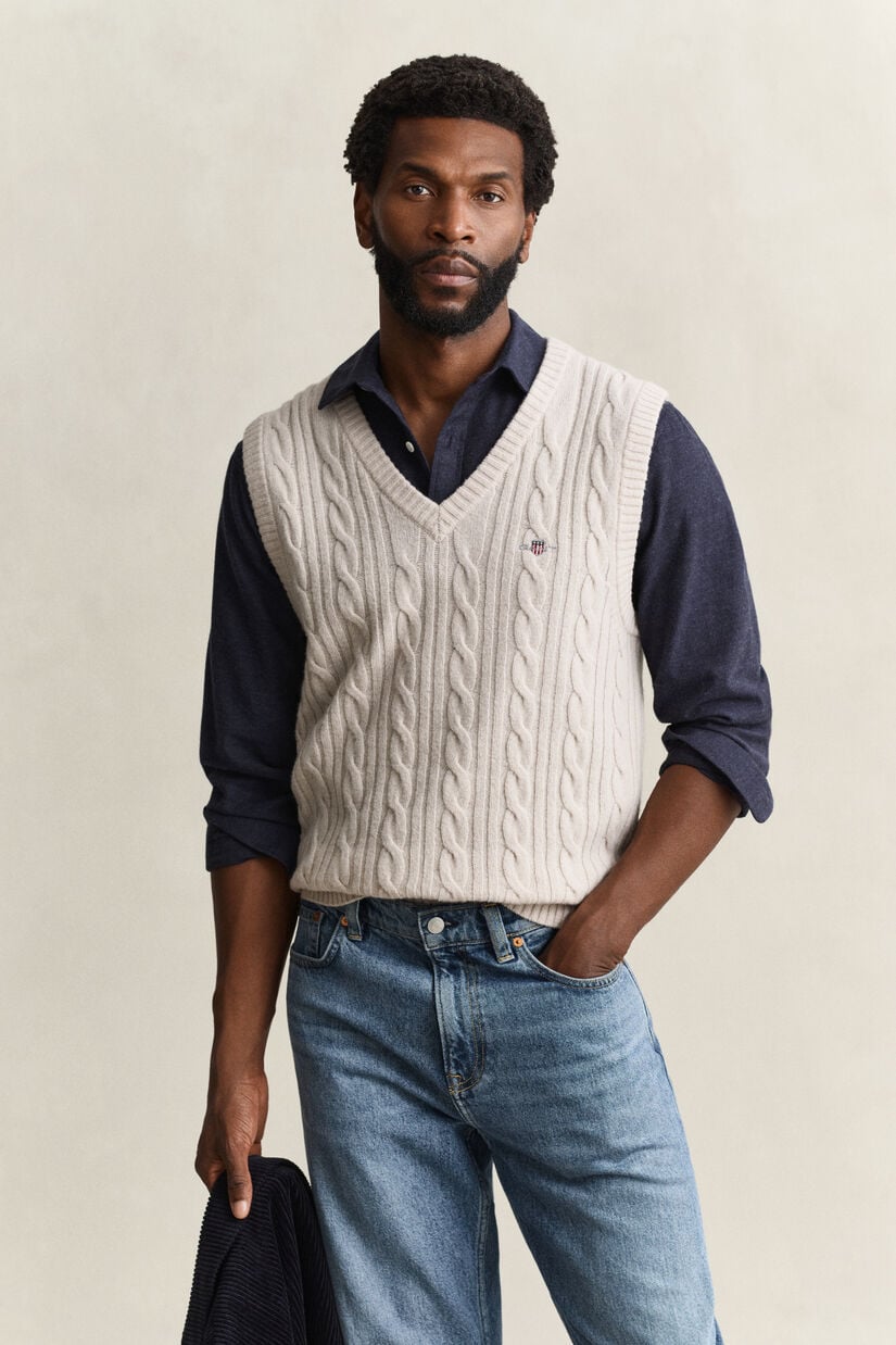 Pull sans manches en maille de laine d'agneau &agrave; torsades