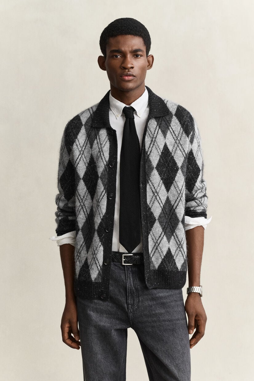 Cardigan fa&ccedil;on polo en laine d&rsquo;alpaga m&eacute;lang&eacute;e &agrave; motif argyle