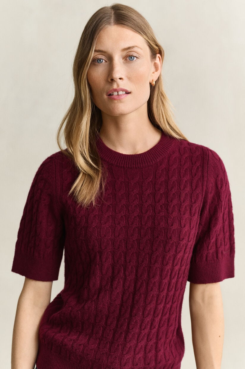 Pull &agrave; manches courtes en laine et cachemire &agrave; maille torsad&eacute;e